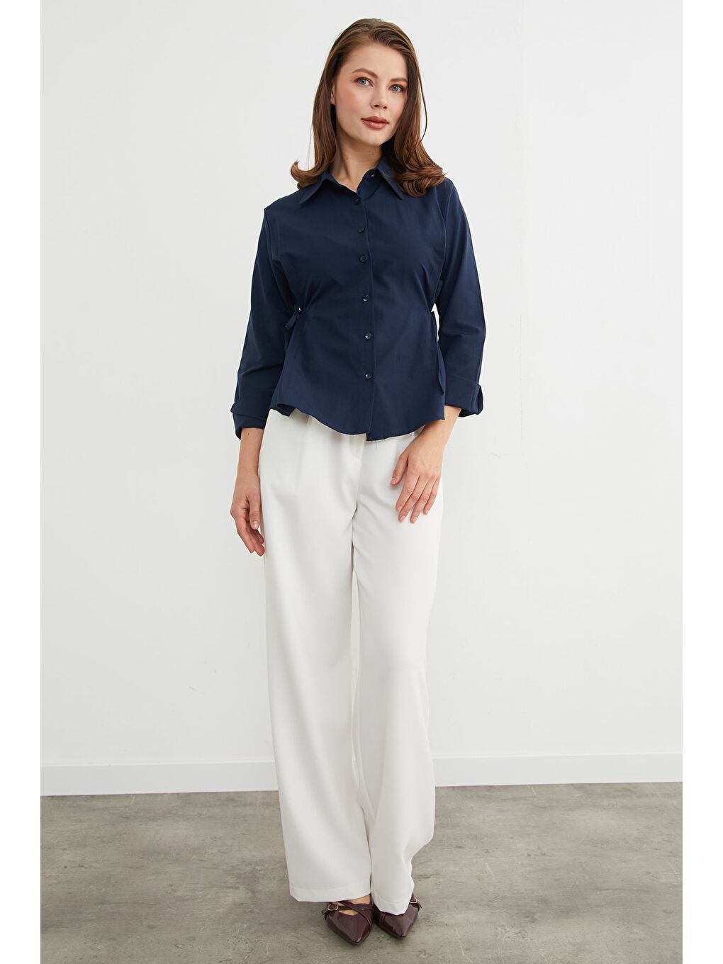 Lacivert Basic Yanı Bağlama Detaylı Gömlek-1