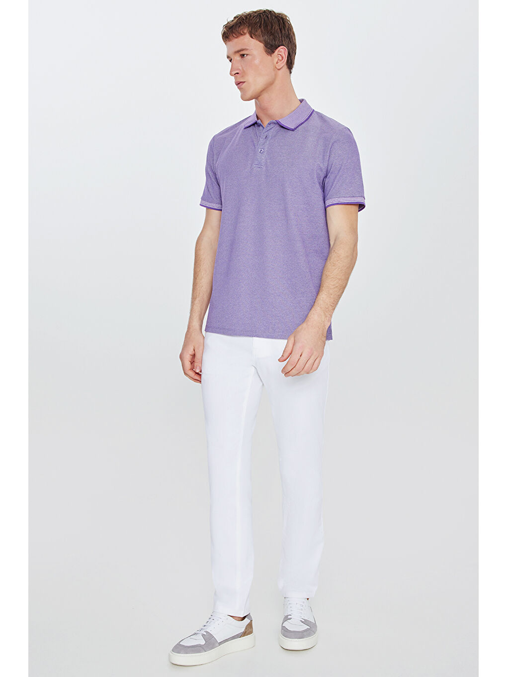 Erkek Mor-Beyaz Slim Fit Dar Kesim Kıvrılmaz Polo Yaka Kısa Kollu Tişört-6