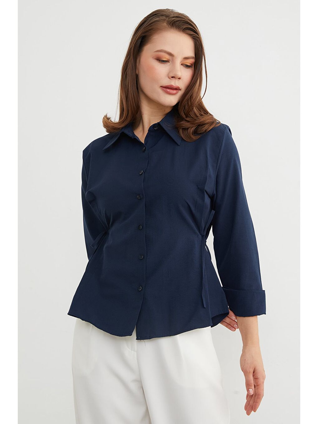 Lacivert Basic Yanı Bağlama Detaylı Gömlek-2