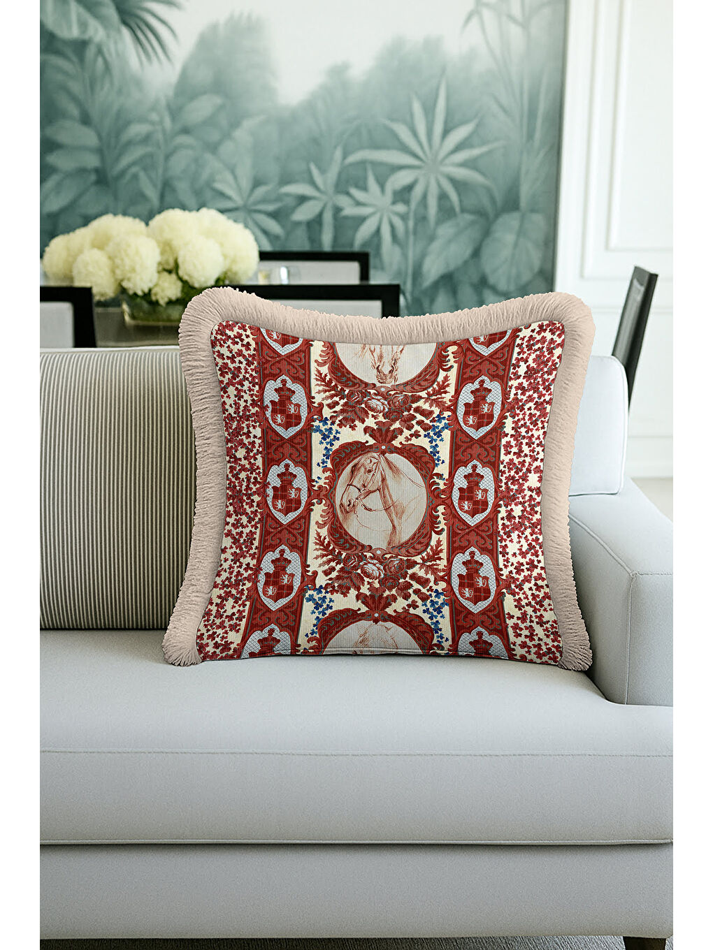 Karışık Barok At Figürlü Saçaklı Yastık Kılıfı - Şahane Etnik Klasik Krem Kırmızı Püsküllü Kırlent Kılıfı