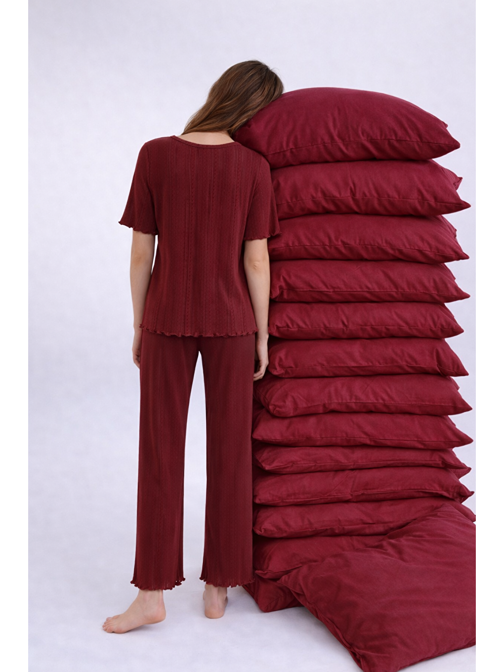 Bordo Kadın Pamuklu Kısa Kollu Baby Overloklu Pijama Takımı-3