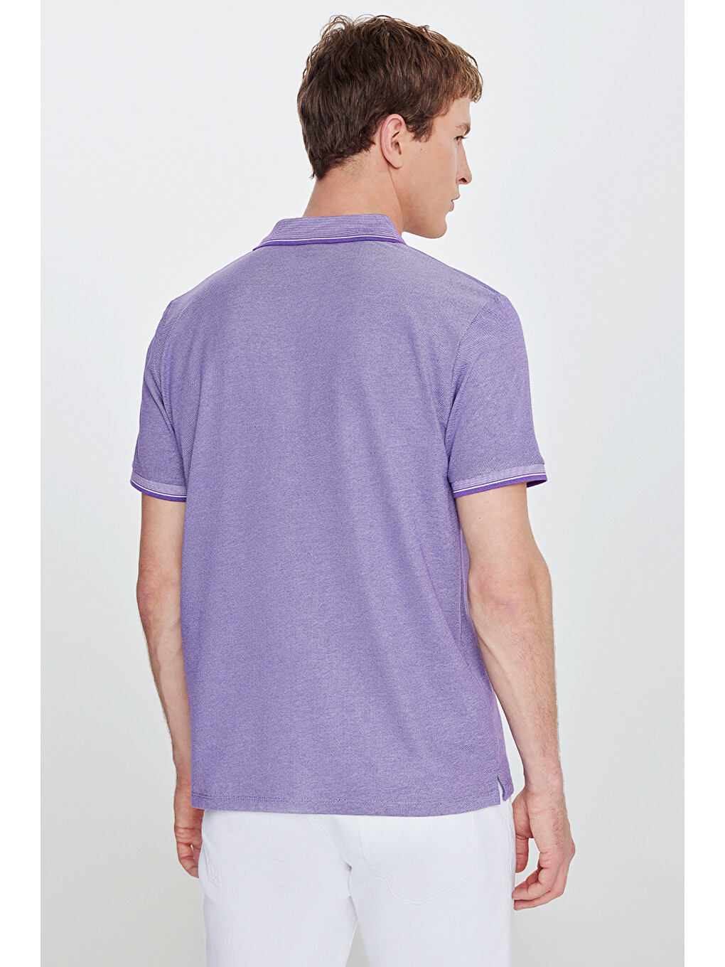 Erkek Mor-Beyaz Slim Fit Dar Kesim Kıvrılmaz Polo Yaka Kısa Kollu Tişört-7