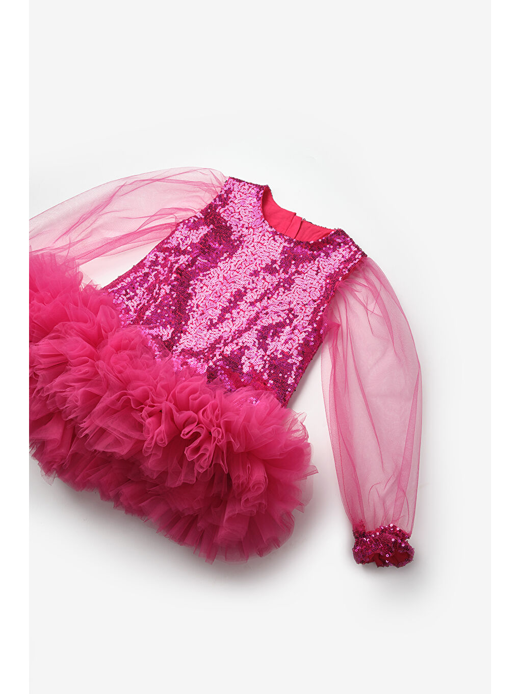 Fuşya Pullu Etek Ucu Tüllü Kız Çocuk Elbise - Balenca-6