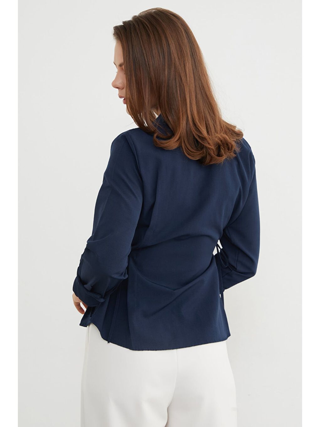 Lacivert Basic Yanı Bağlama Detaylı Gömlek-4