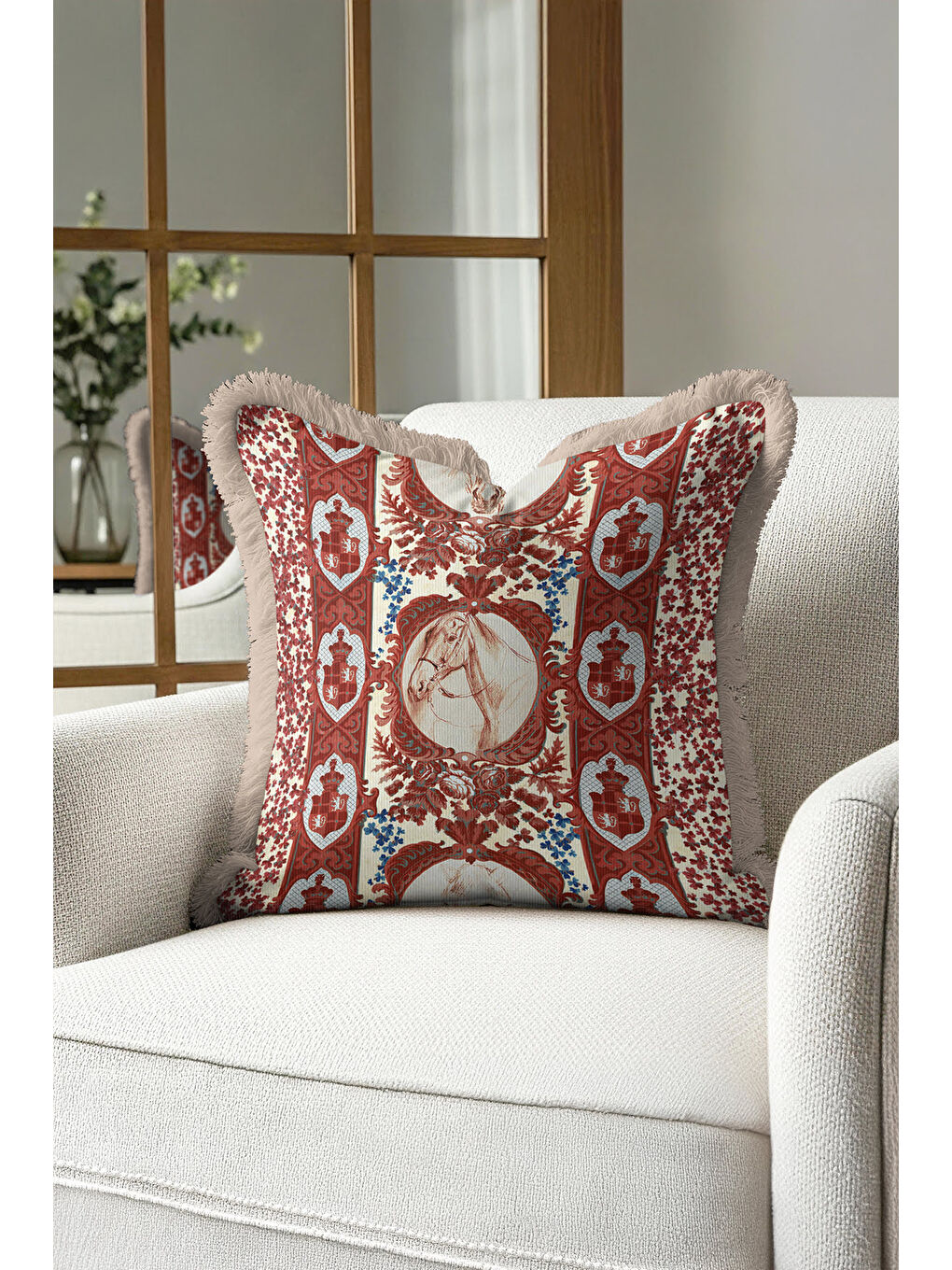 Karışık Barok At Figürlü Saçaklı Yastık Kılıfı - Şahane Etnik Klasik Krem Kırmızı Püsküllü Kırlent Kılıfı-1