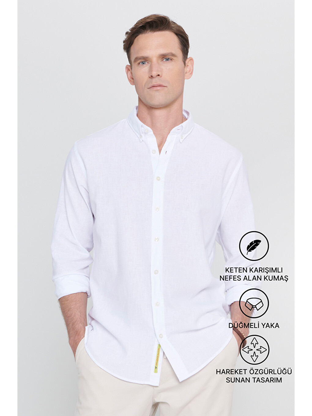 Erkek Beyaz Comfort Fit Rahat Kesim Düğmeli Yaka Casual Keten Gömlek