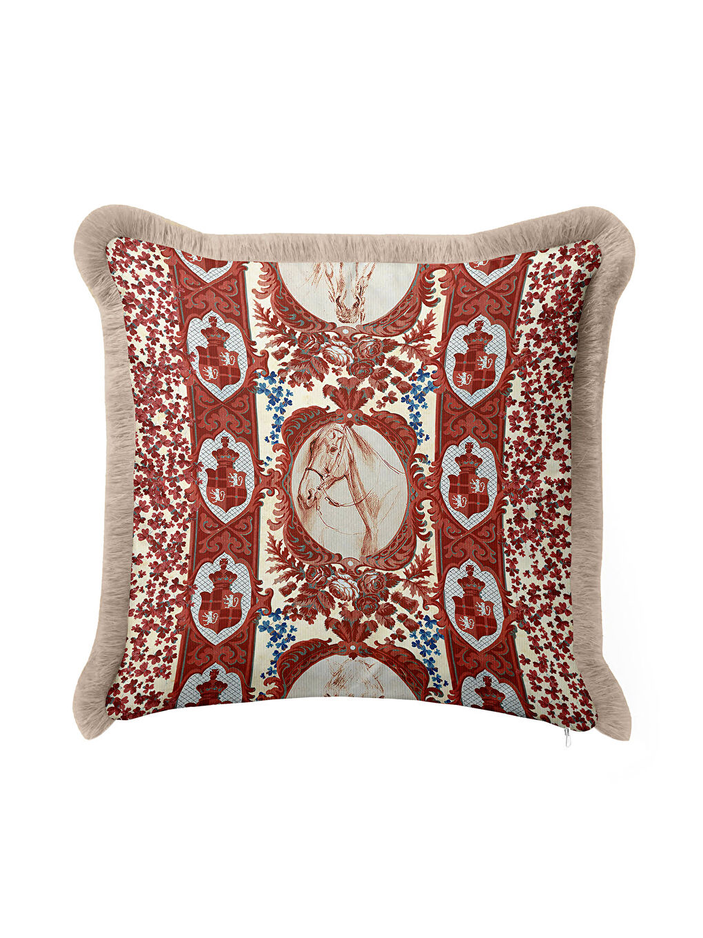 Karışık Barok At Figürlü Saçaklı Yastık Kılıfı - Şahane Etnik Klasik Krem Kırmızı Püsküllü Kırlent Kılıfı-2