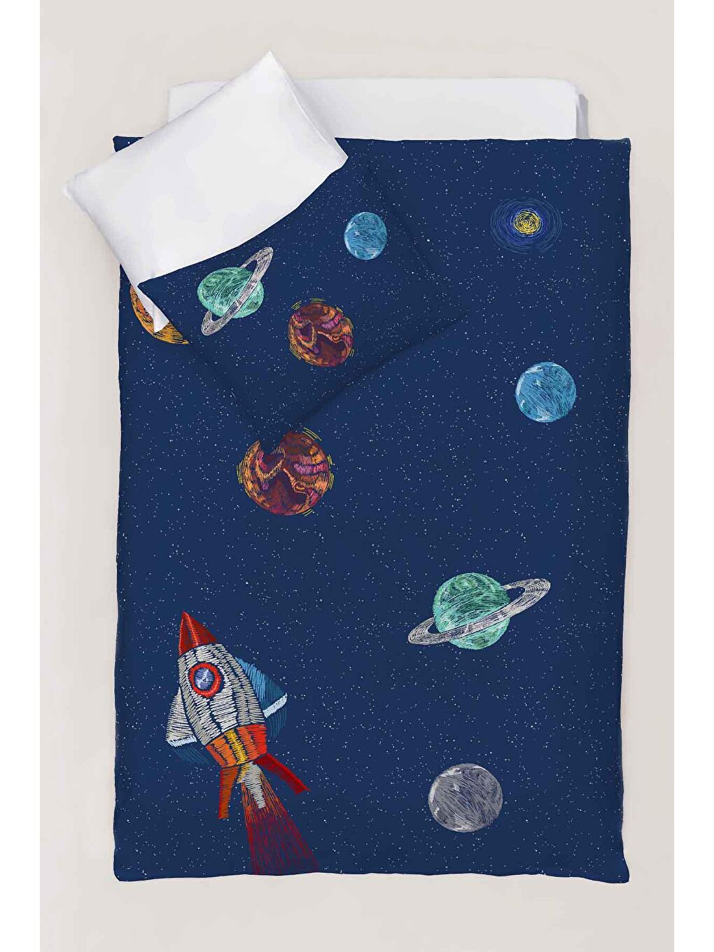 Space Planet %100 Pamuk, Saten Tek Kişilik Çocuk Nevresim Takımı - Lacivert