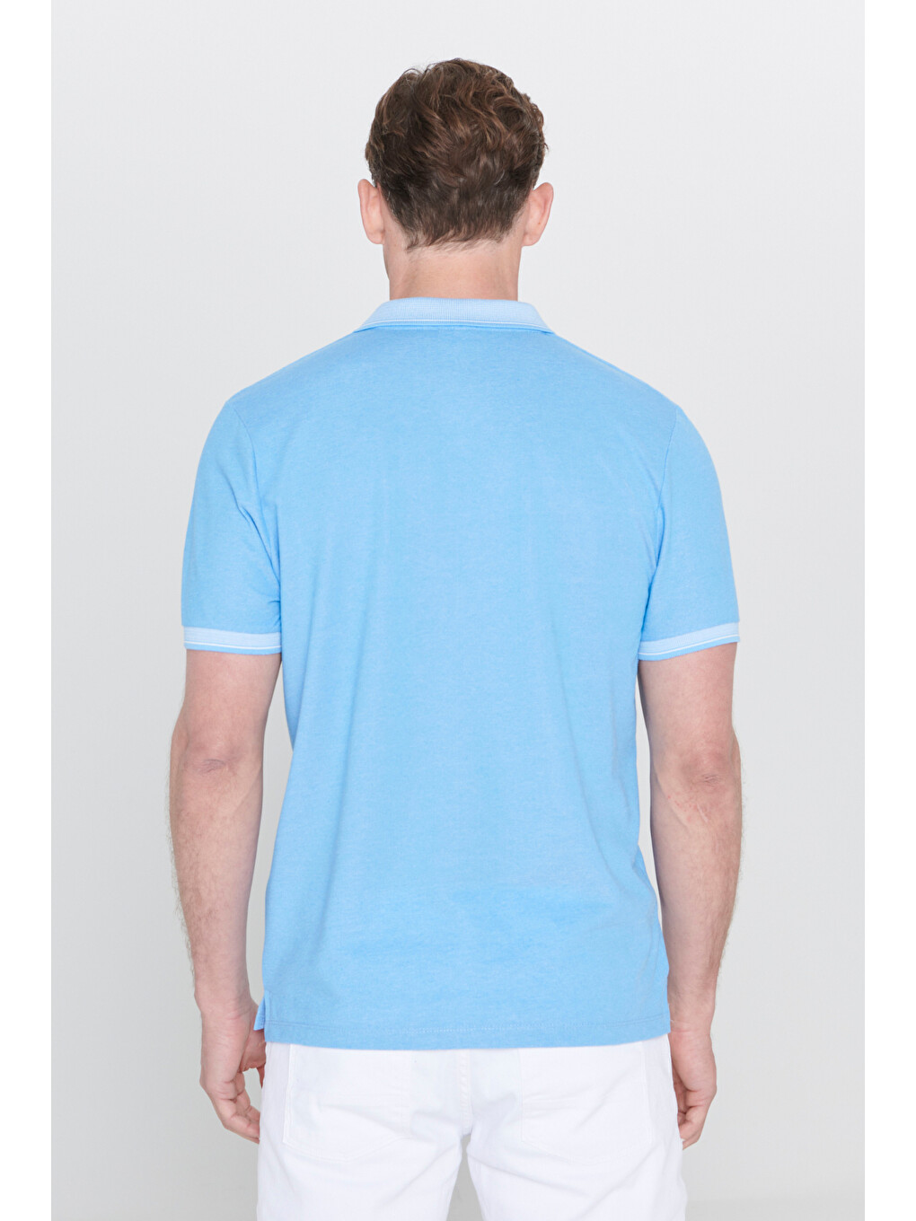 Erkek Mavi Slim Fit Dar Kesim Kıvrılmaz Polo Yaka Kısa Kollu Tişört-8