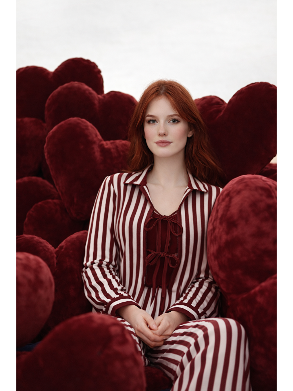 Bordo Sevgililer Günü Temalı 3'lü Çizgili Pamuklu Pijama Takımı