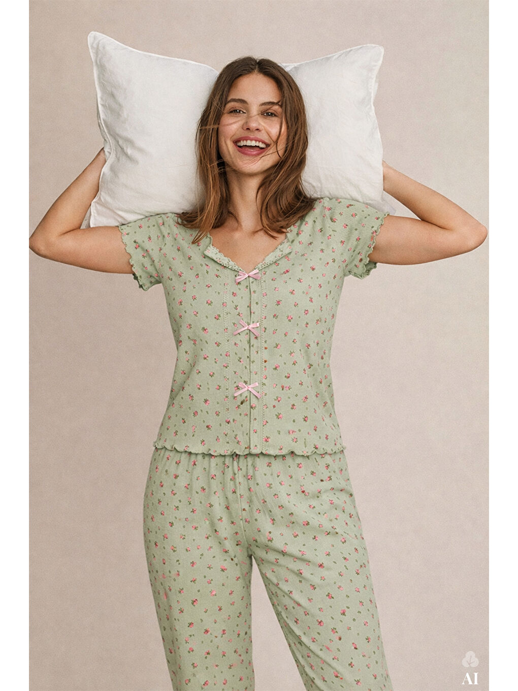 Yeşil Kadın Kısa Kollu Fiyonklu Fitilli Pijama Takımı