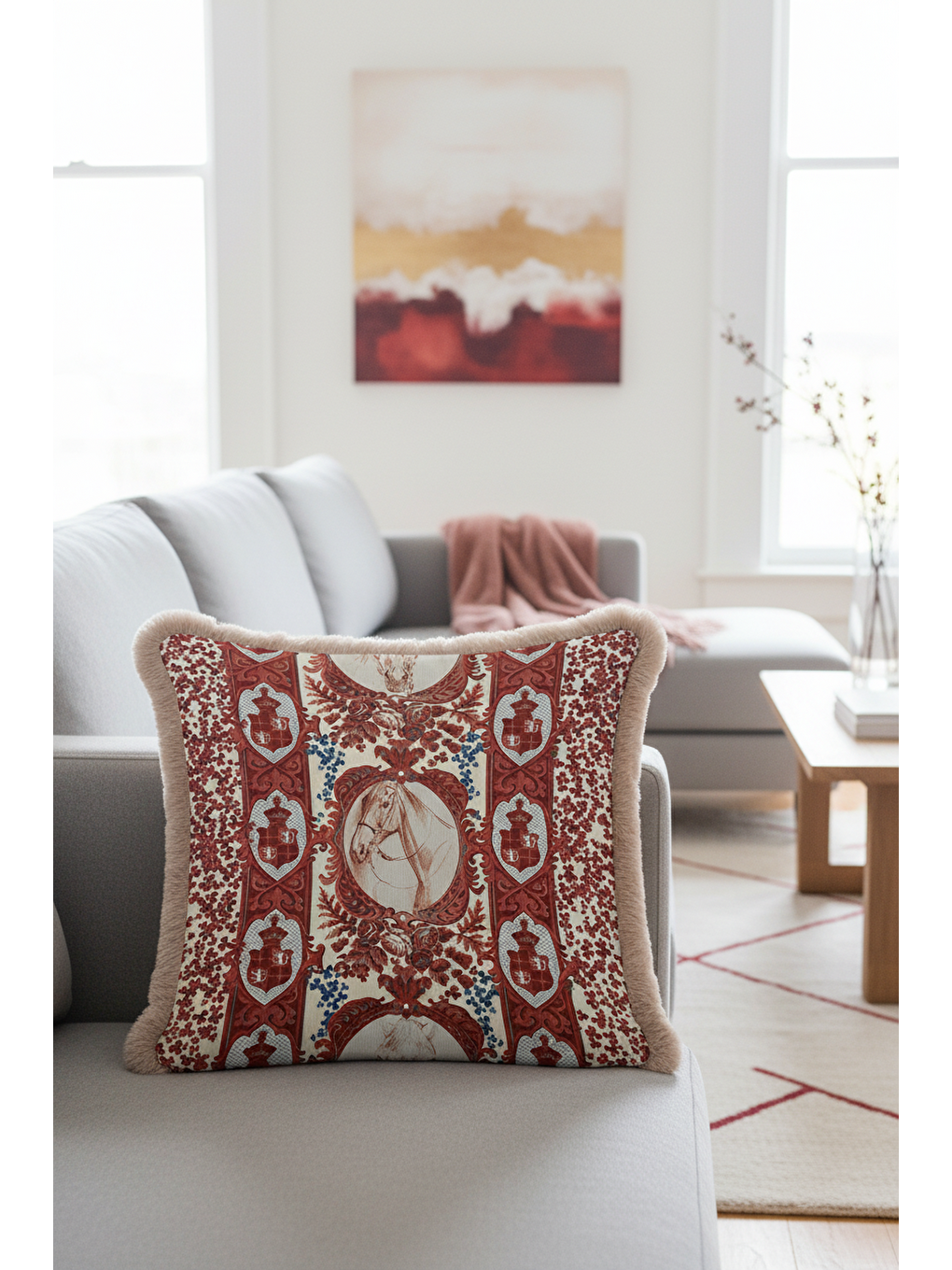 Karışık Barok At Figürlü Saçaklı Yastık Kılıfı - Şahane Etnik Klasik Krem Kırmızı Püsküllü Kırlent Kılıfı-3