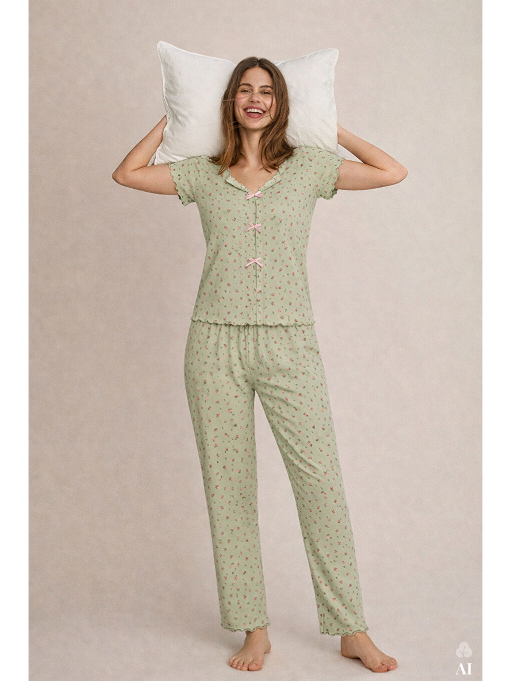 Yeşil Kadın Kısa Kollu Fiyonklu Fitilli Pijama Takımı-1