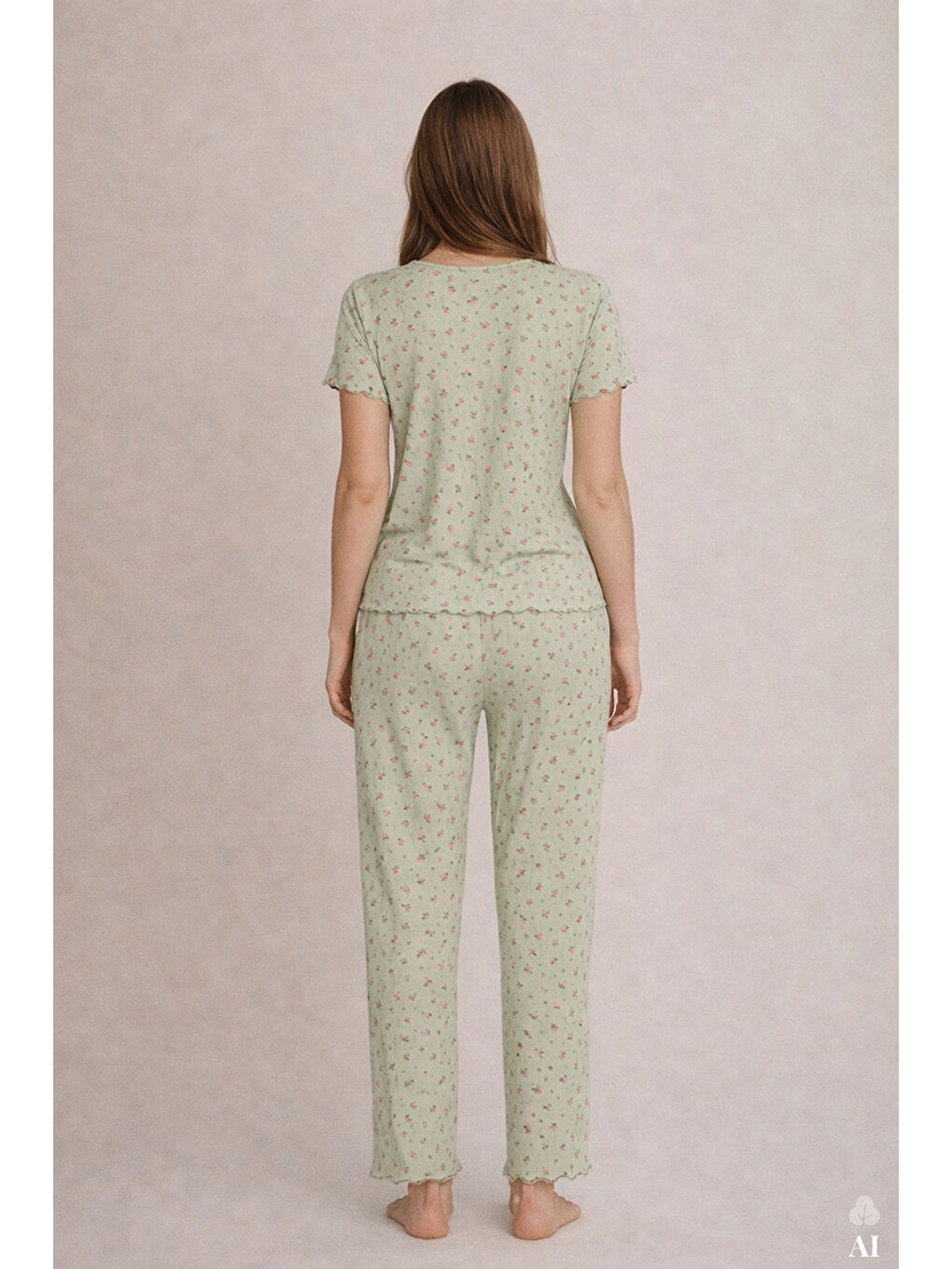 Yeşil Kadın Kısa Kollu Fiyonklu Fitilli Pijama Takımı-2