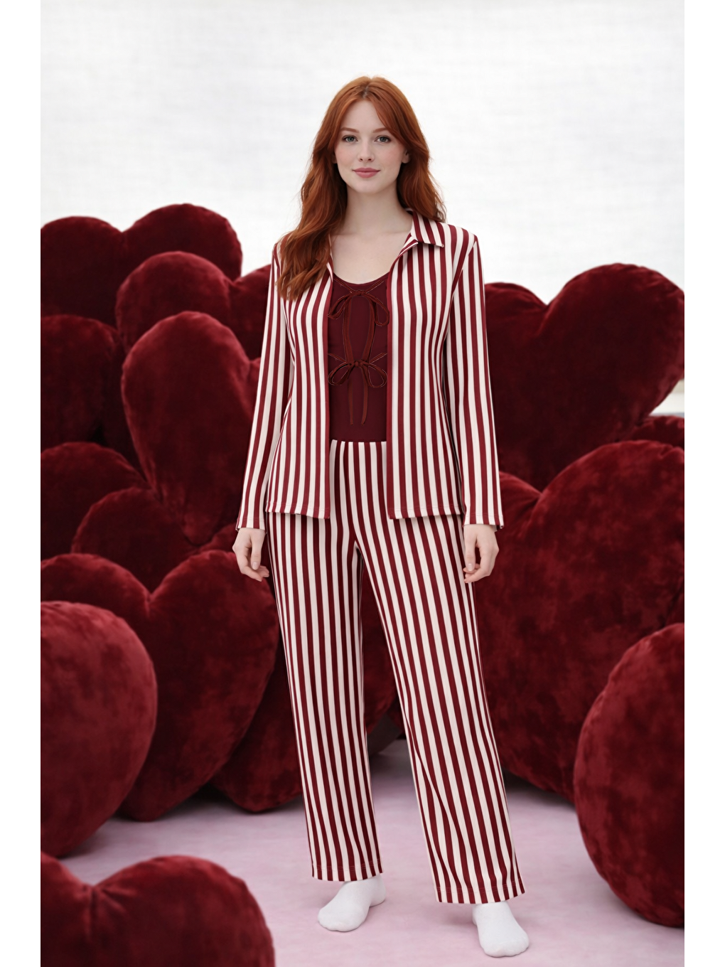 Bordo Sevgililer Günü Temalı 3'lü Çizgili Pamuklu Pijama Takımı-1
