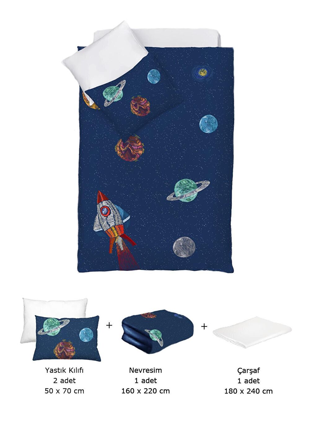 Space Planet %100 Pamuk, Saten Tek Kişilik Çocuk Nevresim Takımı - Lacivert-1