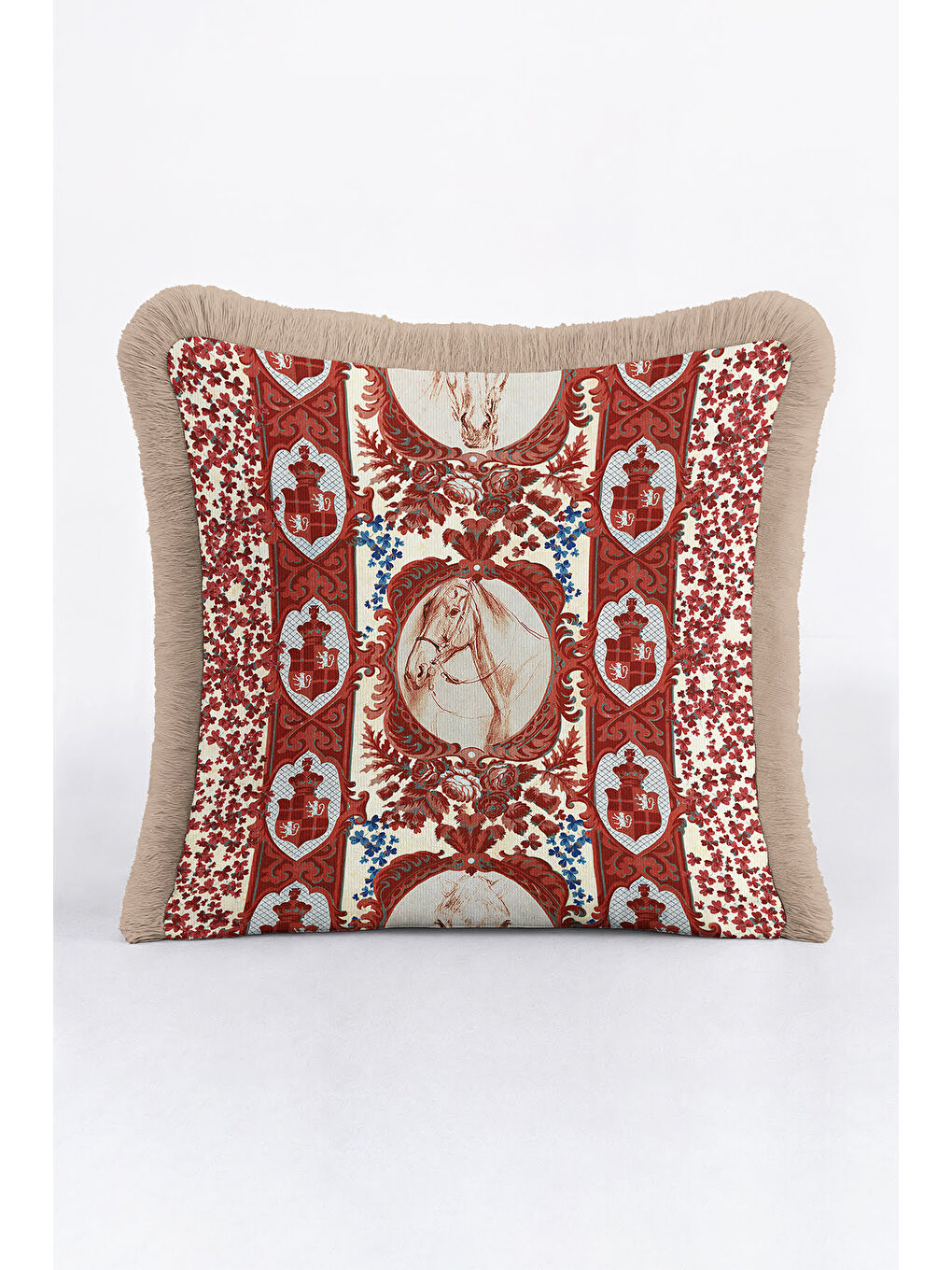 Karışık Barok At Figürlü Saçaklı Yastık Kılıfı - Şahane Etnik Klasik Krem Kırmızı Püsküllü Kırlent Kılıfı-4