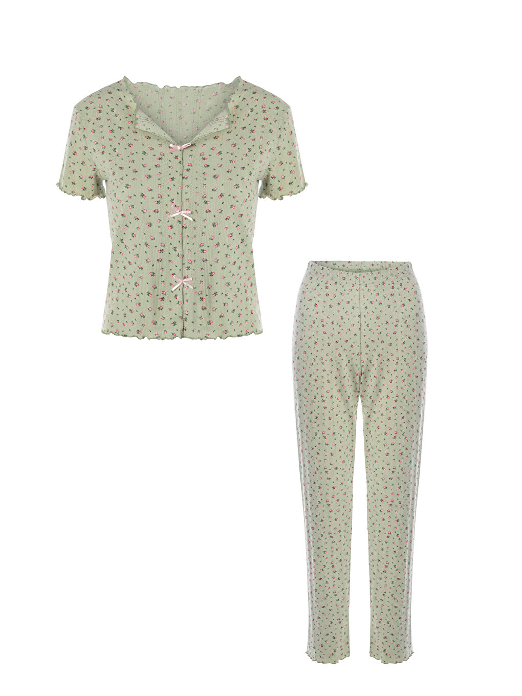 Yeşil Kadın Kısa Kollu Fiyonklu Fitilli Pijama Takımı-3
