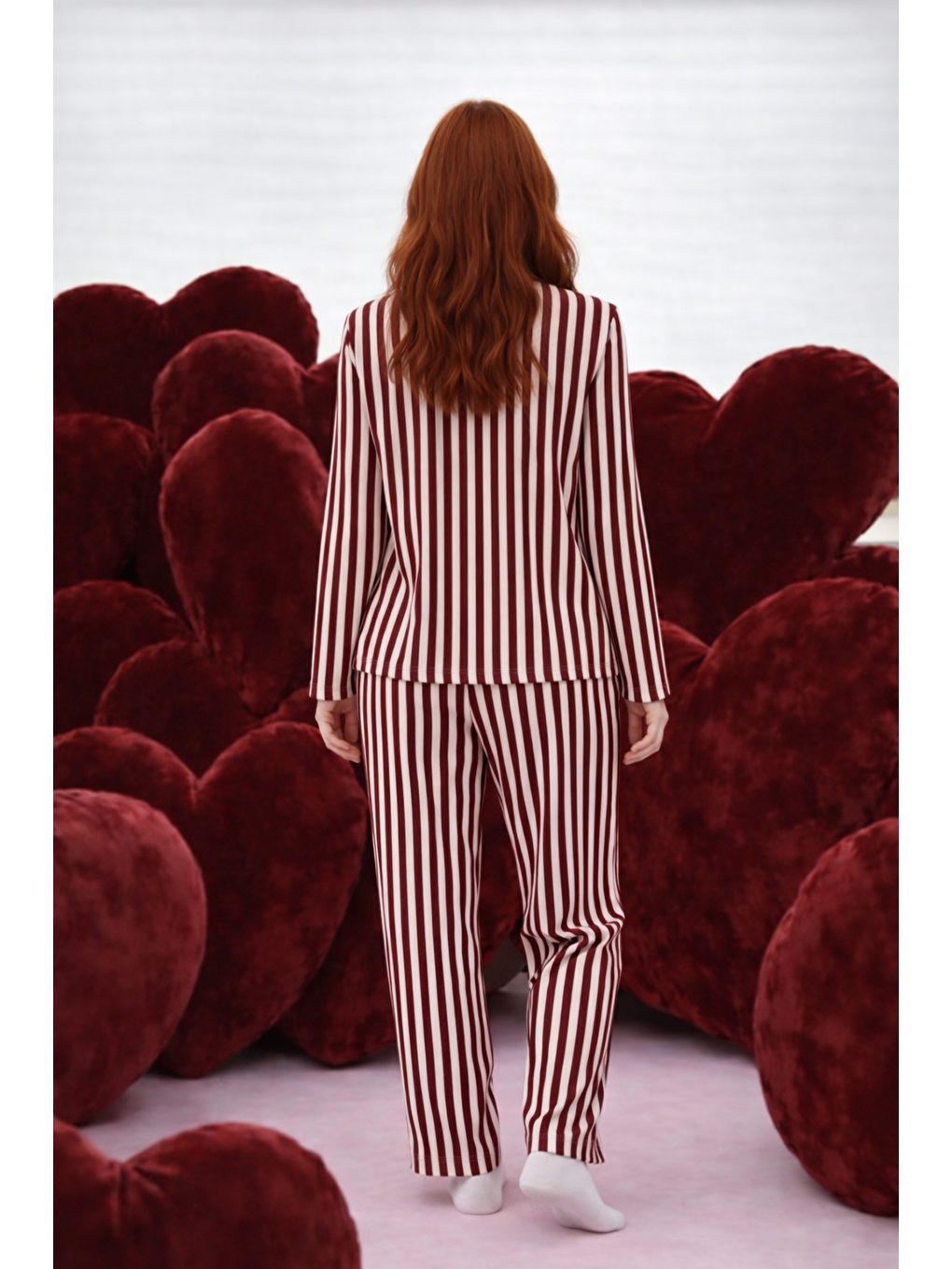 Bordo Sevgililer Günü Temalı 3'lü Çizgili Pamuklu Pijama Takımı-2