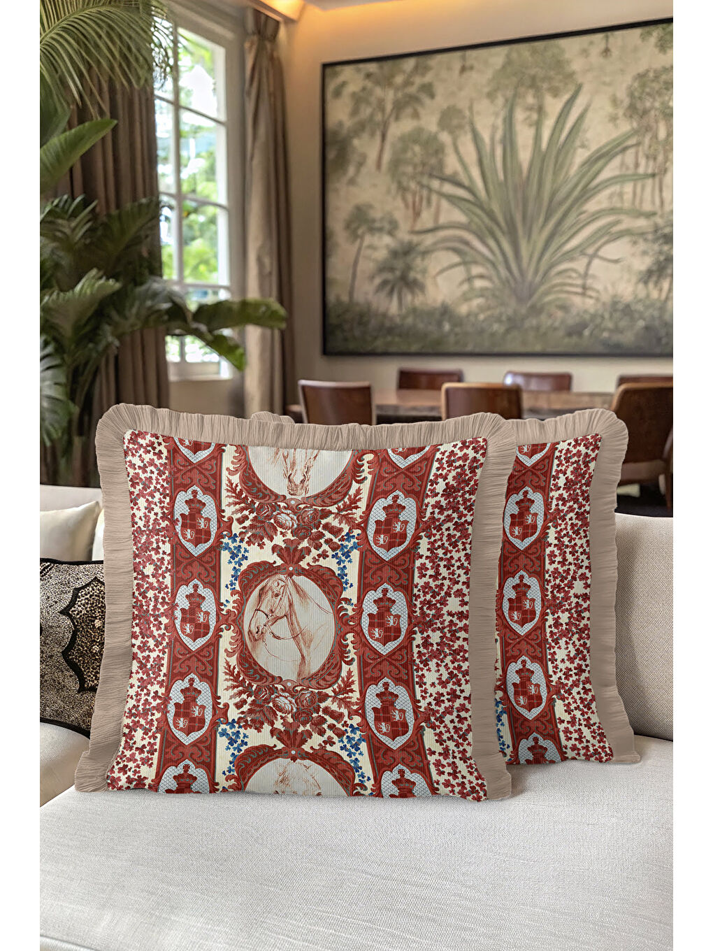 Karışık Barok At Figürlü Saçaklı Yastık Kılıfı - Şahane Etnik Klasik Krem Kırmızı Püsküllü Kırlent Kılıfı-5