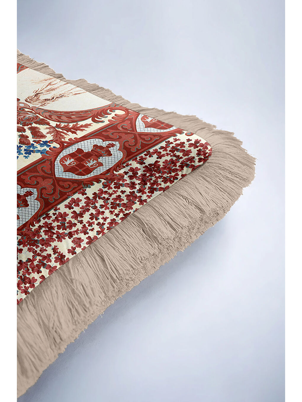 Karışık Barok At Figürlü Saçaklı Yastık Kılıfı - Şahane Etnik Klasik Krem Kırmızı Püsküllü Kırlent Kılıfı-6