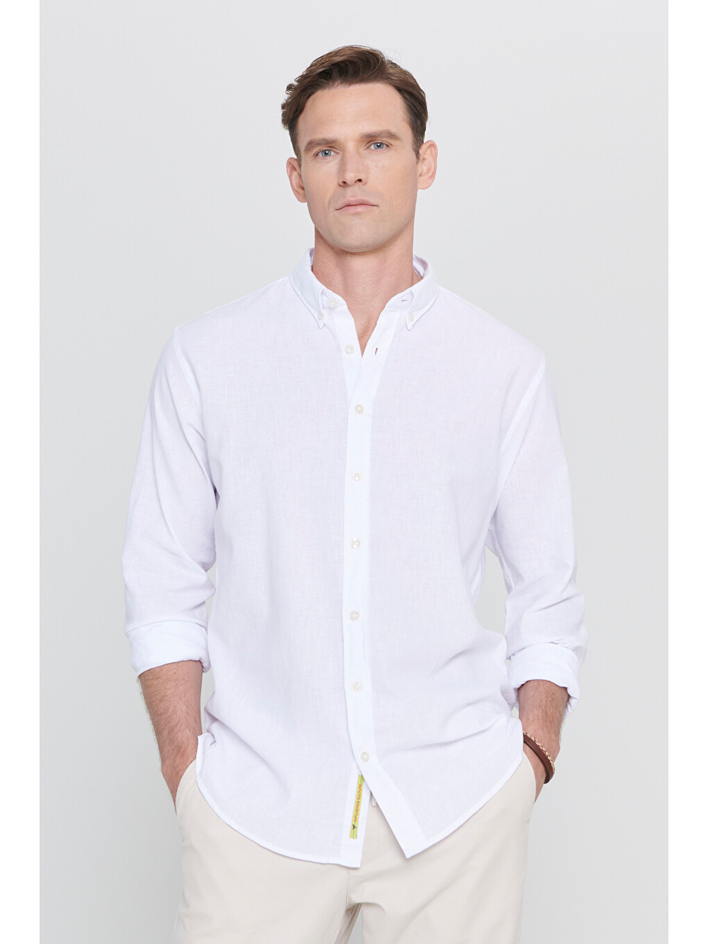 Erkek Beyaz Comfort Fit Rahat Kesim Düğmeli Yaka Casual Keten Gömlek-5