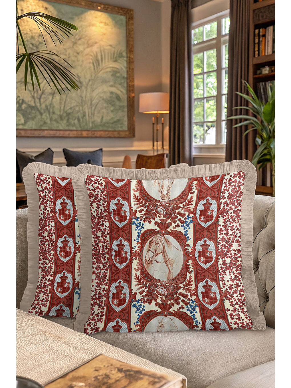 Karışık Barok At Figürlü Saçaklı Yastık Kılıfı - Şahane Etnik Klasik Krem Kırmızı Püsküllü Kırlent Kılıfı-7