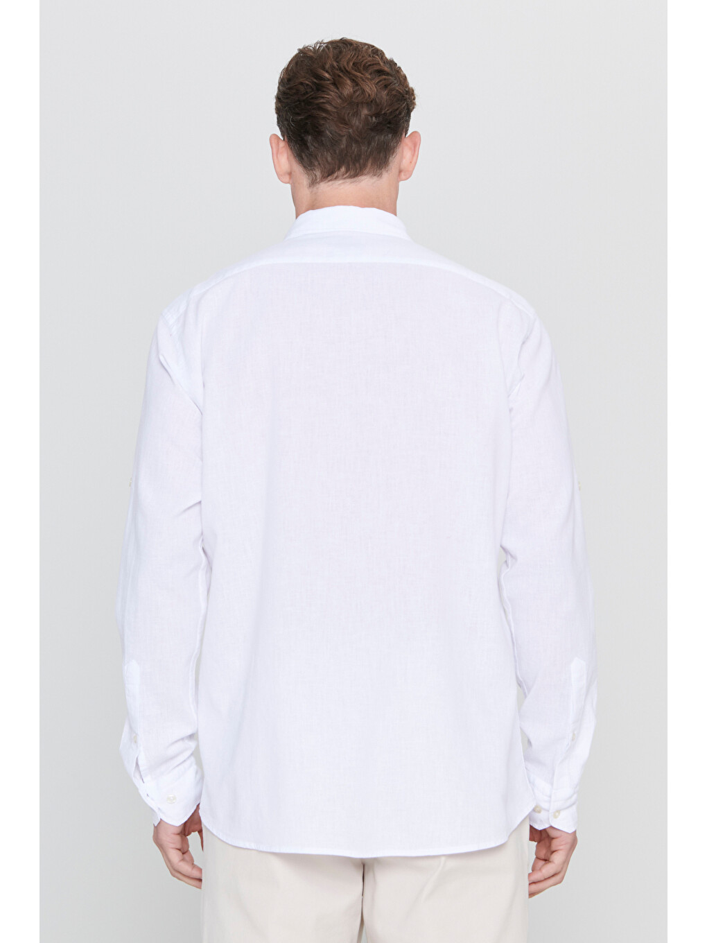 Erkek Beyaz Comfort Fit Rahat Kesim Düğmeli Yaka Casual Keten Gömlek-6