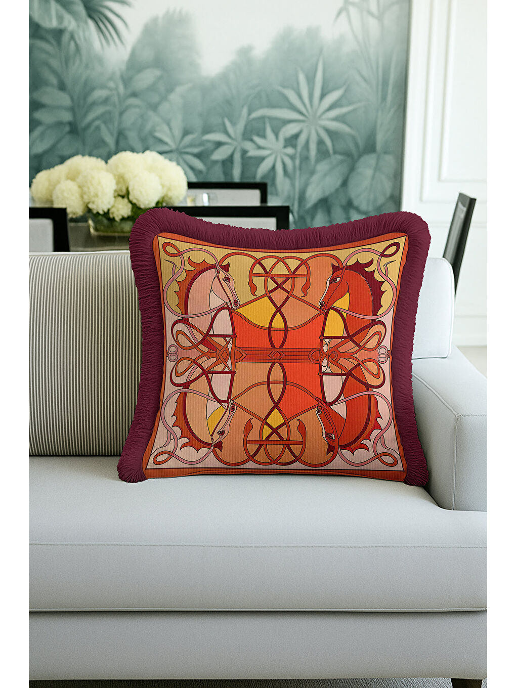 Karışık At Figürlü Lüks Saçaklı Yastık Kılıfı - Sanatsal Bohem Kırmızı Altın Renkli Püsküllü Kırlent Kılıfı