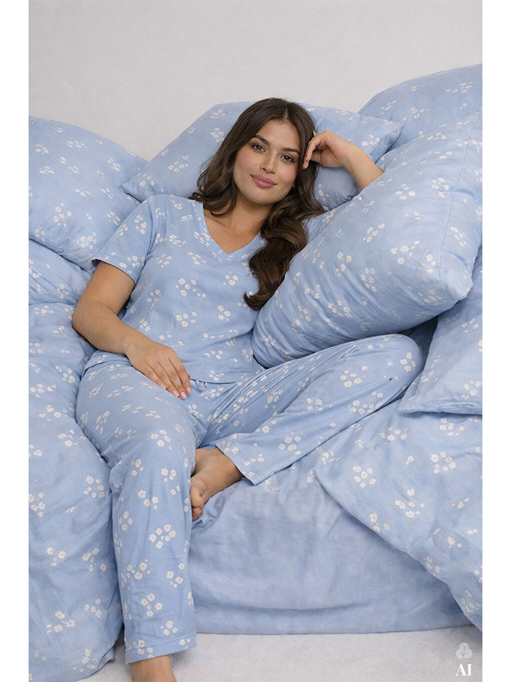 Mavi Kadın Kısa Kollu Pamuklu Fitilli Kaşkorse Pijama Takımı