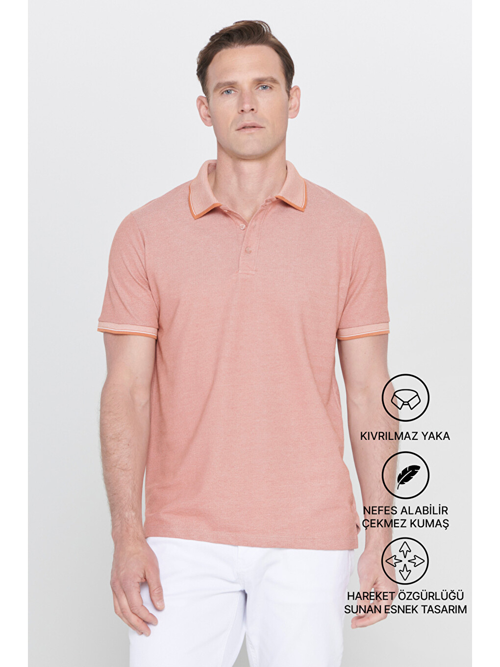Kahverengi Erkek Kiremit-Bej Slim Fit Dar Kesim Kıvrılmaz Polo Yaka Kısa Kollu Tişört