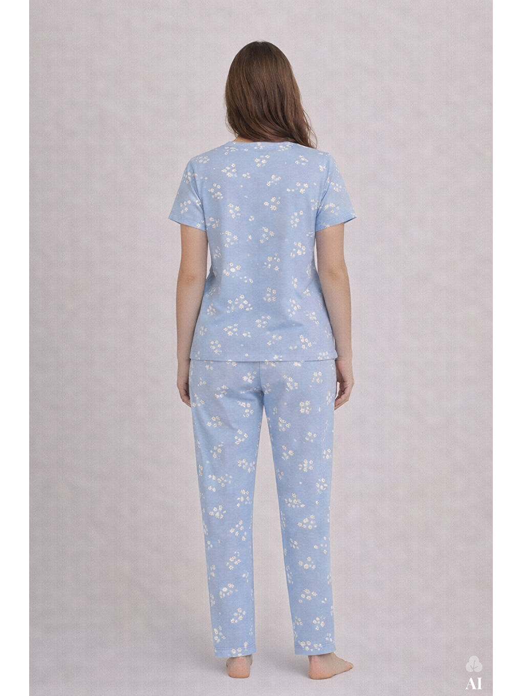 Mavi Kadın Kısa Kollu Pamuklu Fitilli Kaşkorse Pijama Takımı-2