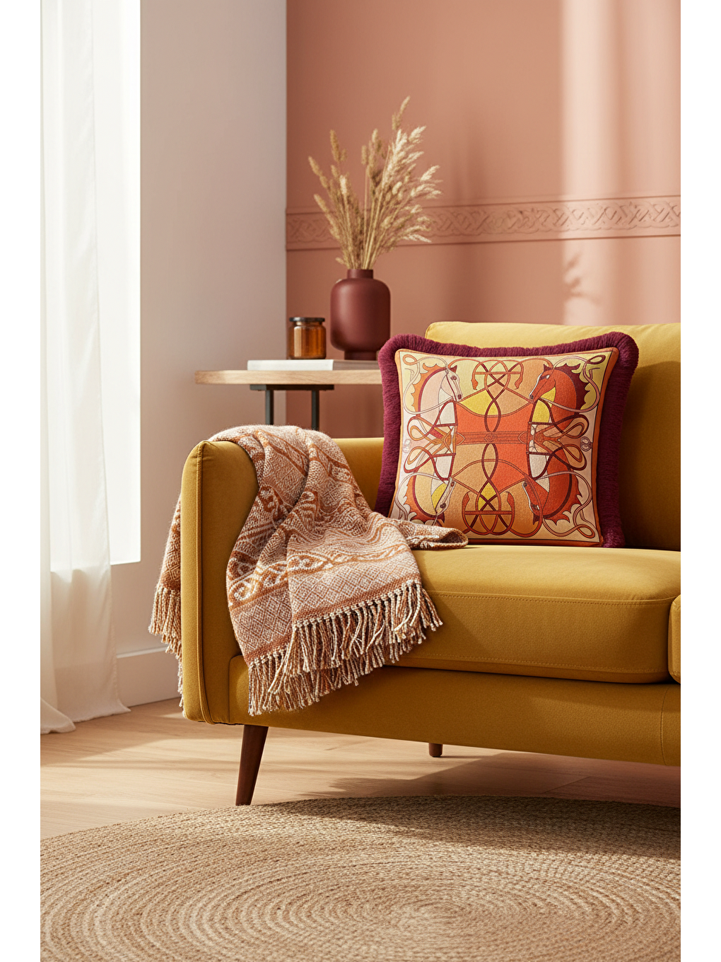 Karışık At Figürlü Lüks Saçaklı Yastık Kılıfı - Sanatsal Bohem Kırmızı Altın Renkli Püsküllü Kırlent Kılıfı-1