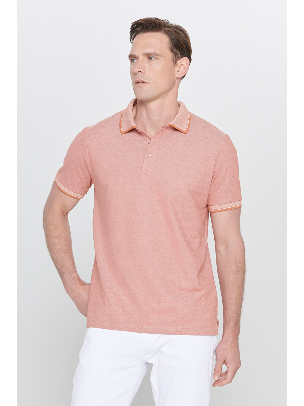 Kahverengi Erkek Kiremit-Bej Slim Fit Dar Kesim Kıvrılmaz Polo Yaka Kısa Kollu Tişört-2