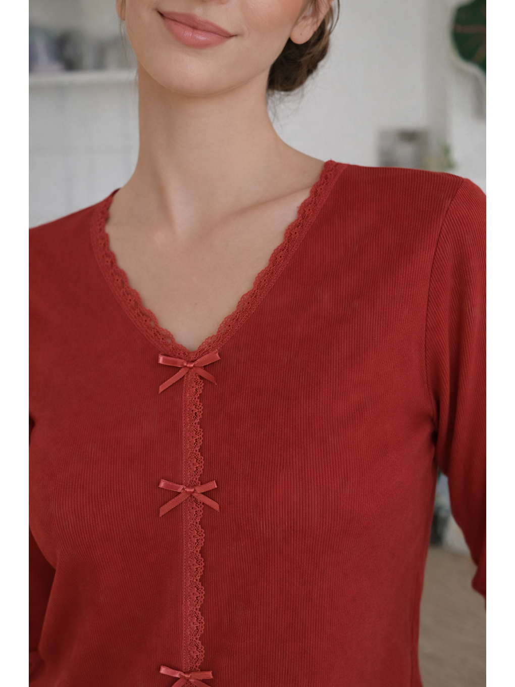 Kırmızı Sevgililer Günü Temalı Kadın Pamuklu Dantel ve Kurdele/Fiyonk Detaylı Kaşkorse Renkli Pijama Takımı-1