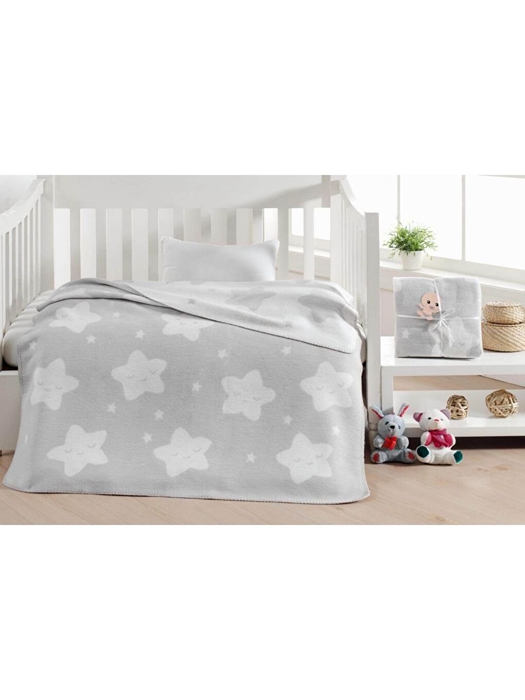 Pamuklu Çift Taraflı Bebek Battaniye 100x120 Star Açık Gri