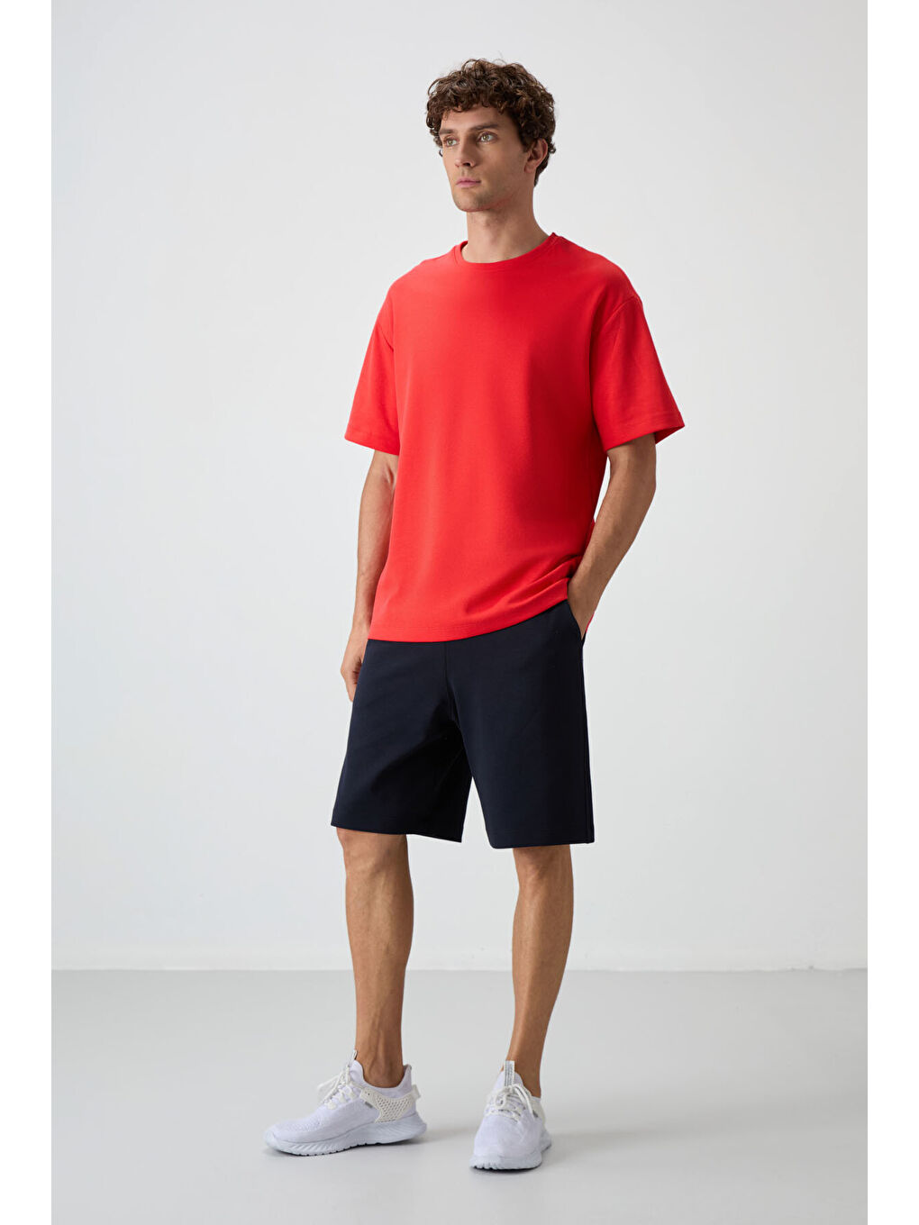 Kırmızı Lacivert Pamuklu Kalın Yumuşak Dokulu  Fit Basic Şortlu Takım - 85249-5