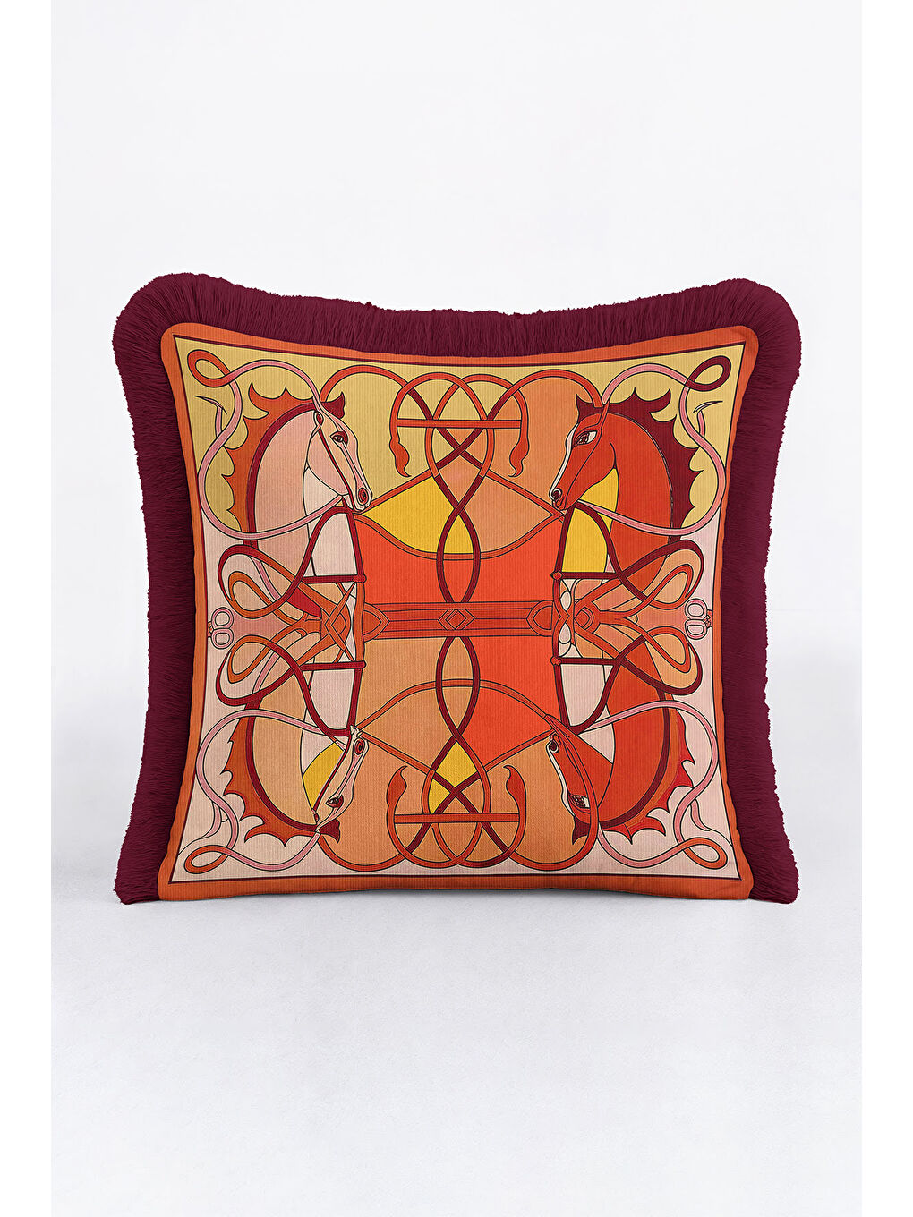 Karışık At Figürlü Lüks Saçaklı Yastık Kılıfı - Sanatsal Bohem Kırmızı Altın Renkli Püsküllü Kırlent Kılıfı-2