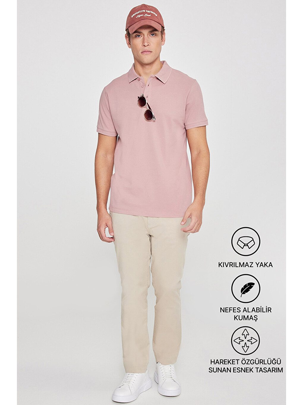 Pembe Erkek Gül Kurusu Slim Fit Dar Kesim Polo Yaka %100 Pamuk Kısa Kollu Tişört-1