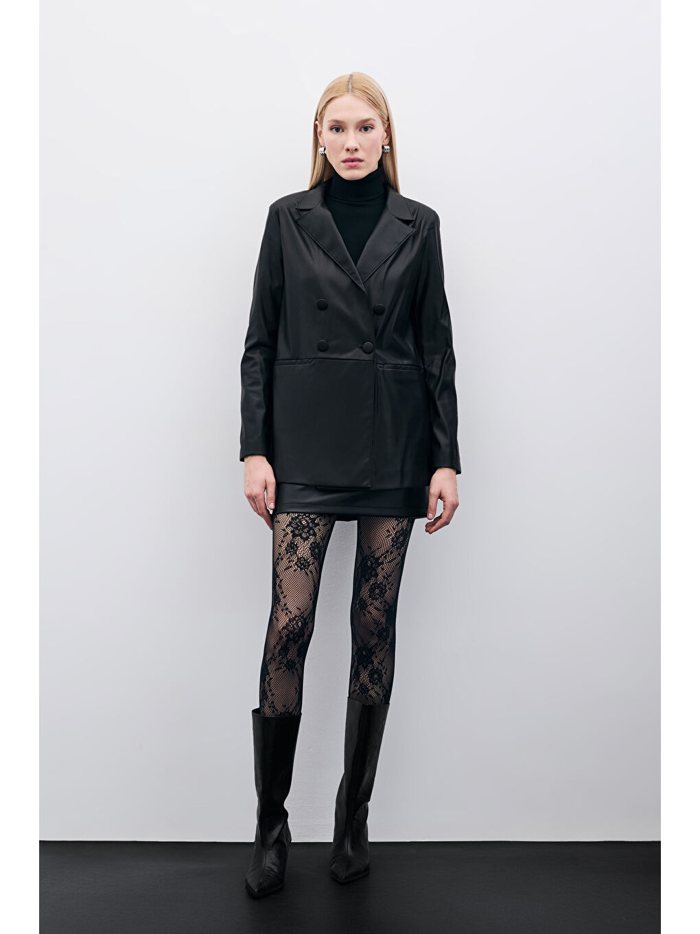 Düğme Detaylı Kruvaze Deri Ceket - Siyah-2