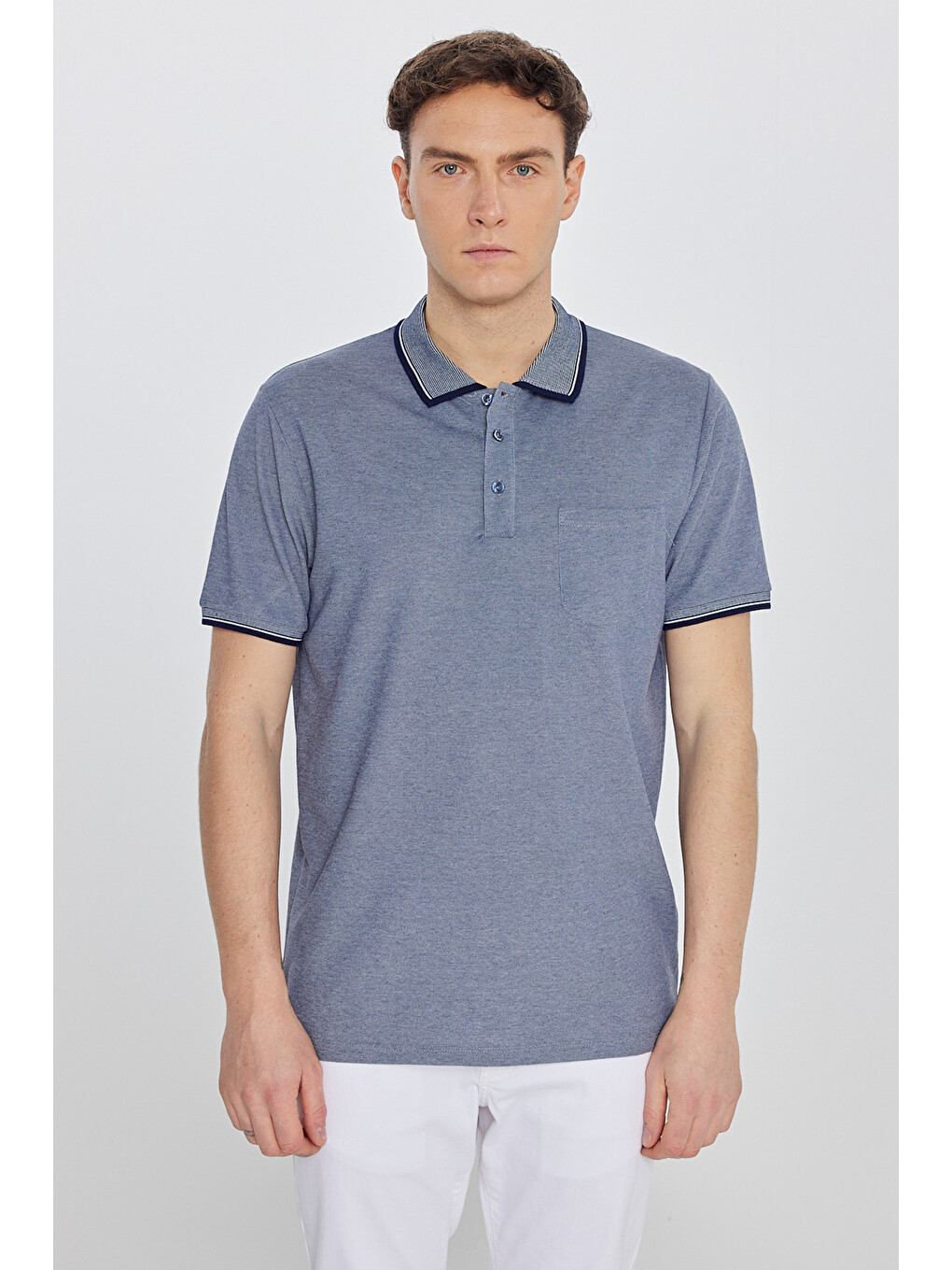 Erkek Lacivert Pamuklu Comfort Fit Rahat Kesim Polo Yaka Cepli Tişört-1
