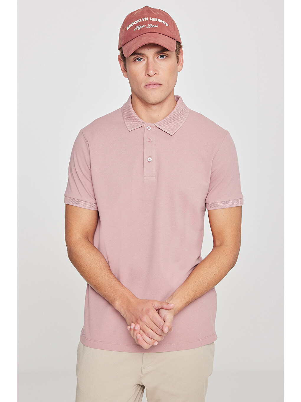 Pembe Erkek Gül Kurusu Slim Fit Dar Kesim Polo Yaka %100 Pamuk Kısa Kollu Tişört-2