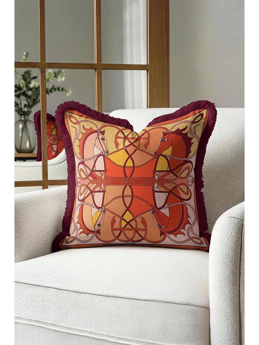 Karışık At Figürlü Lüks Saçaklı Yastık Kılıfı - Sanatsal Bohem Kırmızı Altın Renkli Püsküllü Kırlent Kılıfı-4