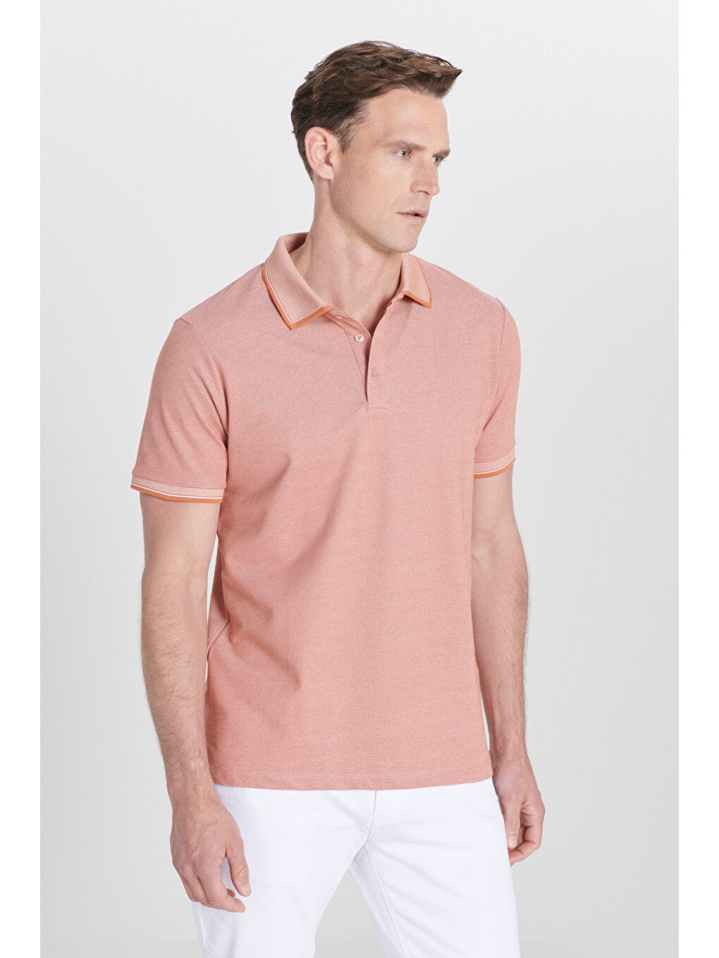 Kahverengi Erkek Kiremit-Bej Slim Fit Dar Kesim Kıvrılmaz Polo Yaka Kısa Kollu Tişört-6