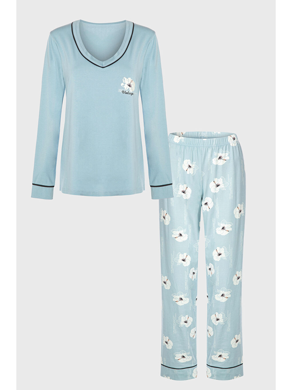 Mavi Kadın V Yaka Çiçek Desenli Ara Biyeli Uzun Kollu Pamuklu Pijama Takımı-3