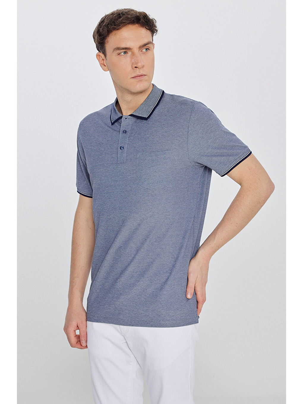 Erkek Lacivert Pamuklu Comfort Fit Rahat Kesim Polo Yaka Cepli Tişört-3