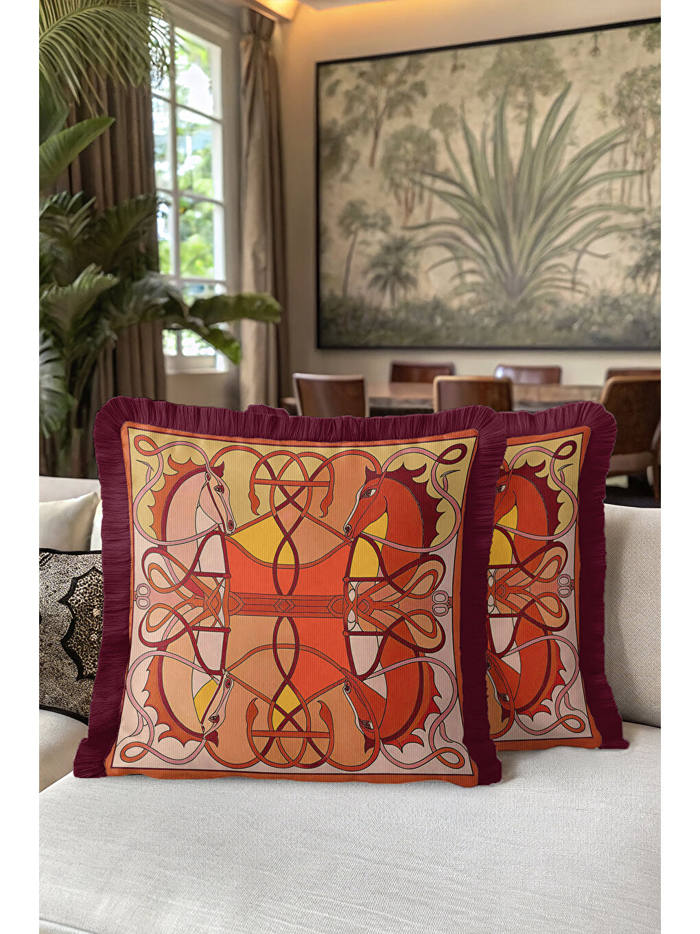 Karışık At Figürlü Lüks Saçaklı Yastık Kılıfı - Sanatsal Bohem Kırmızı Altın Renkli Püsküllü Kırlent Kılıfı-5