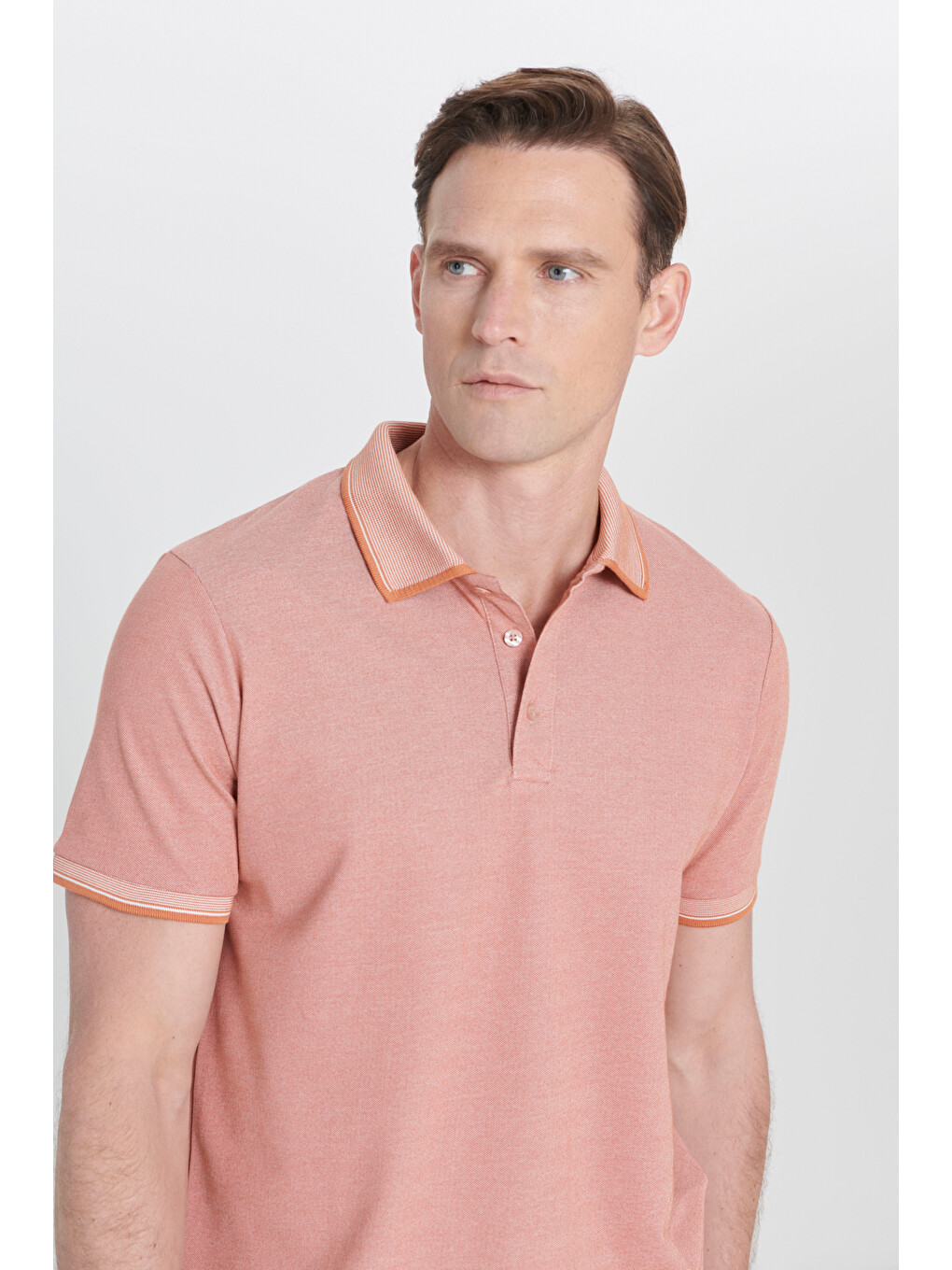 Kahverengi Erkek Kiremit-Bej Slim Fit Dar Kesim Kıvrılmaz Polo Yaka Kısa Kollu Tişört-7