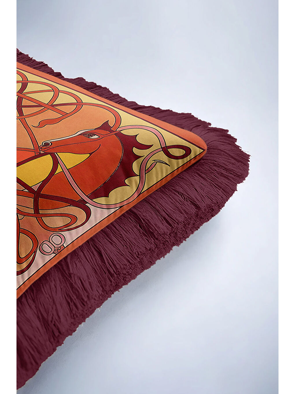 Karışık At Figürlü Lüks Saçaklı Yastık Kılıfı - Sanatsal Bohem Kırmızı Altın Renkli Püsküllü Kırlent Kılıfı-6