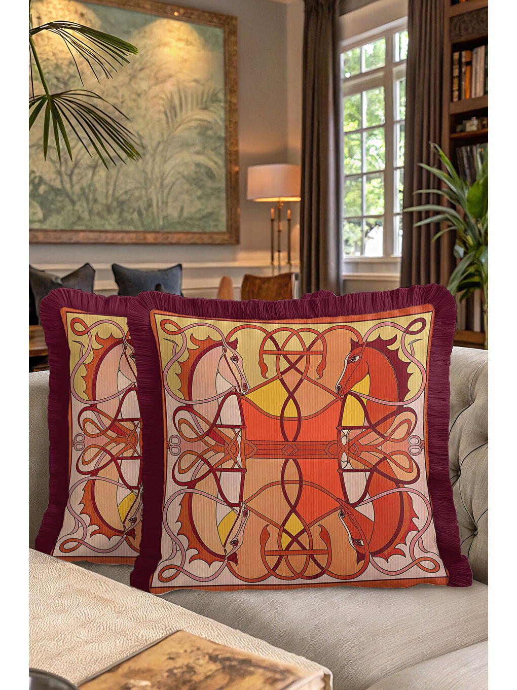 Karışık At Figürlü Lüks Saçaklı Yastık Kılıfı - Sanatsal Bohem Kırmızı Altın Renkli Püsküllü Kırlent Kılıfı-7
